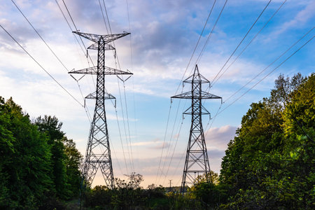 A low angle shot of the High voltage transmission line  Ontario, Canada