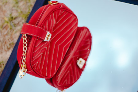 A selective focus shot of a red shoulder bag on a mirrorの写真素材