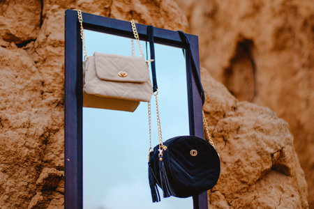 A selective focus shot of black and white shoulder bags hanging on a mirrorの写真素材