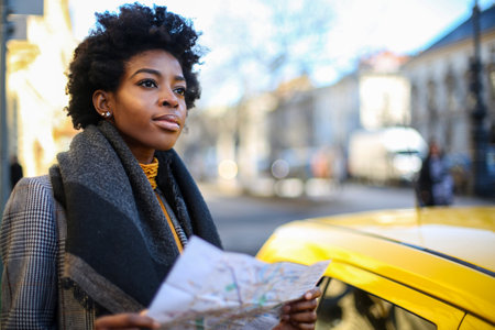 A stylish black female looking at a map to find directions while sightseeingの写真素材