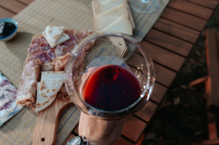 A top view of a hand holding a glass of red wine on a table set with appetizers and tasty foodの写真素材