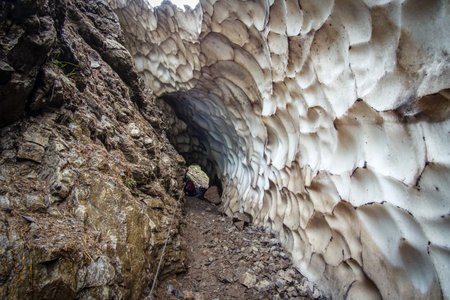 A hiking route up to 'Memminger Hut' in Bavaria through a tunnel of ice. Part of the famous E5 hiking route crossing the alps.の写真素材