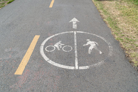 A view of walkway and bicycle lane signs on the asphalt road surface