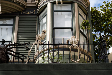 A beautiful shot of the human skeletons in the balcony-concept Halloweenの写真素材