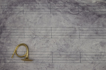 A music sheet background with a miniature wind instrumentの写真素材
