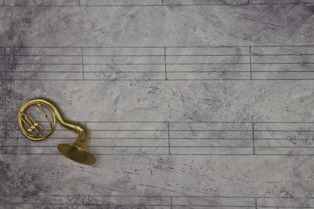 A music sheet background with a miniature wind instrument
