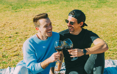 Lovely Young Adult Caucasian Gay Couple Laughing, Looking at Each Other and Drinking Red Wine Doing Picnic at the Park in Sunny Day (Toasting Glasses)の写真素材