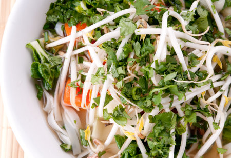 Vietnamese pho soup with chicken, broth, bean sprouts, noodles, and basil