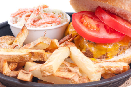 juicy hamburger and hand cut fries and cole slawの写真素材