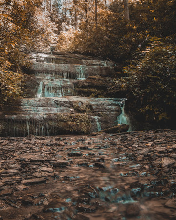 A vertical shot of a cascade waterfall surrounded by trees in a forestの写真素材