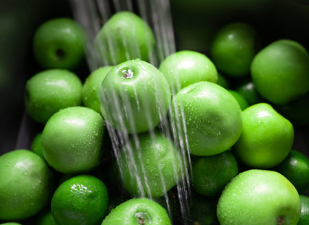 A closeup shot of delicious green apples during the washing processの写真素材