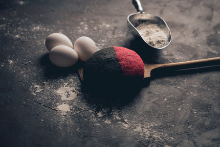 A high angle shot of red and black bread on a wooden shovelの写真素材