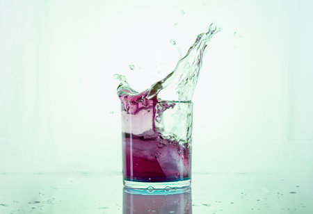An iced cocktail splash on a light green background