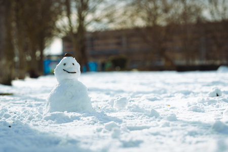 A selective focus shot of a small smiling snowman outdoorsの写真素材
