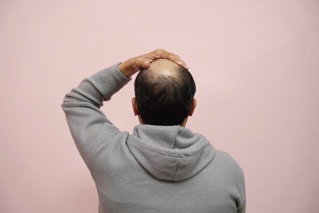 A closeup of a half-bald male with his hand on his head while wearing a grey hoodie