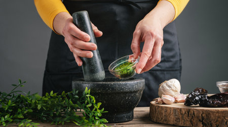 Female cook's hands pouring chopped parsley into the mortarの写真素材