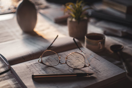 A closeup shot of glasses and a pen on the notebook