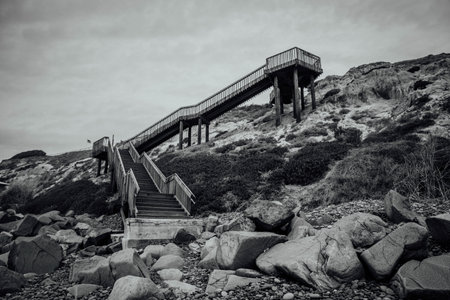 A grayscale shot of stairs leading to the top of a big rock scaleの写真素材