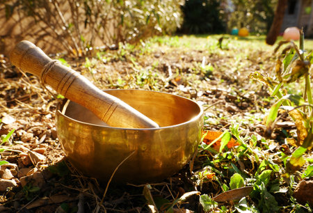 Metal singing bowl for relaxing and receiving healing vibrationsの写真素材