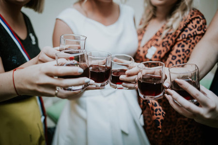 A closeup of women holding wine glasses on a partyの写真素材