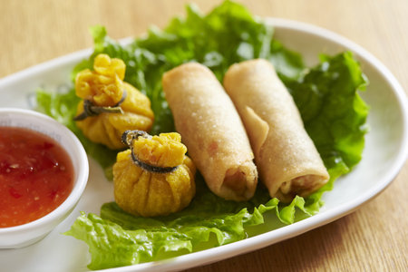 A closeup of fried spring rolls and dumplings on a plate next to a sauceの写真素材