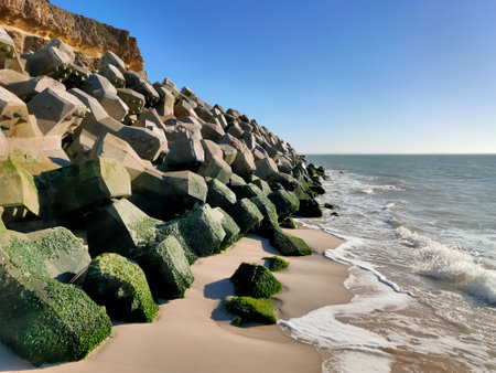 A closeup shot of foam waves hitting a sandy seashore with moss-covered rocksの写真素材