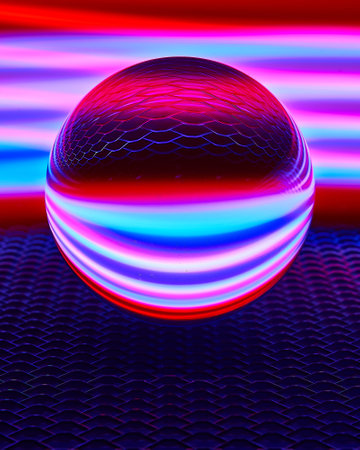A vertical shot of a reflective ball with an illuminated colorful background