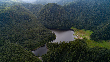 An aerial view of the Zempoala lagoon and mountain in Mexico