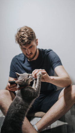 A vertical shot of a young caucasian man feeding his catの写真素材