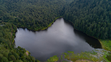 An aerial view of the Zempoala lagoon and mountain in Mexico