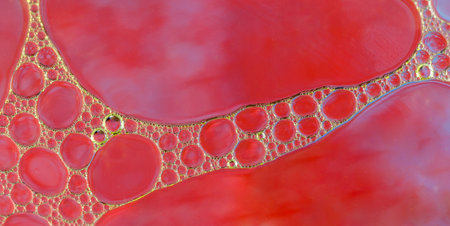 A closeup shot of soap bubbles with red textures