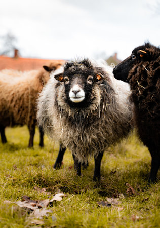 A selective focus shot of a black-headed sheep on a farm staring at the cameraの写真素材
