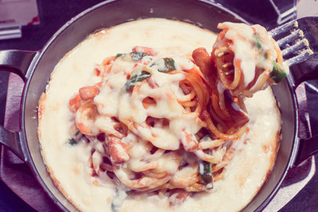 A pan of delicious Italian spaghettiの写真素材