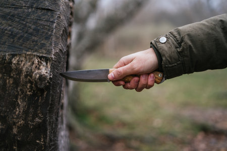 A closeup shot of a hand pulling a knife stuck in woodの写真素材