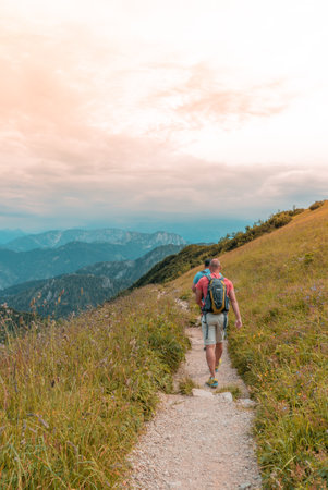 A vertical shot of tourists hiking in a greenery-covered mountain