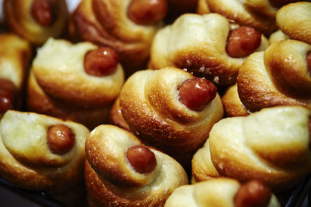 A closeup of appetizing sausages in dough