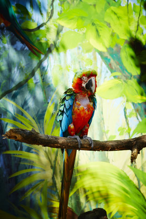 A vertical shot of a beautiful true parrot perched on a piece of wood surrounded by greeneryの写真素材