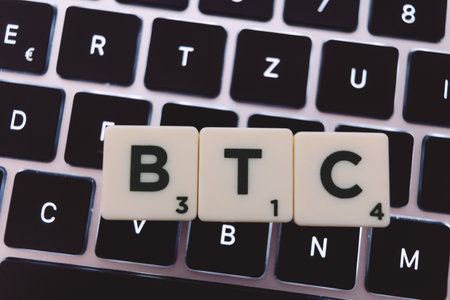 BTC written on the laptop, short for the cryptocurrency Bitcoin. Modern online investment.の写真素材