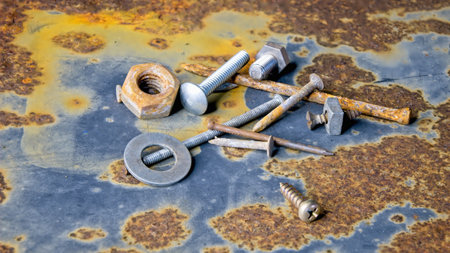 Several bolts, nuts, nails and rusty fixings on a rusty surfaceの写真素材