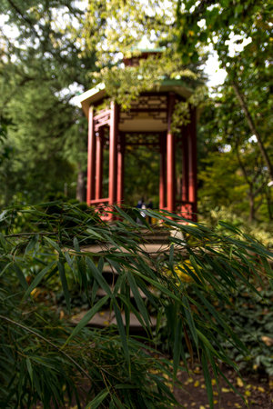 A vertical shot of a traditional gazebo in the Japanese gardenの写真素材