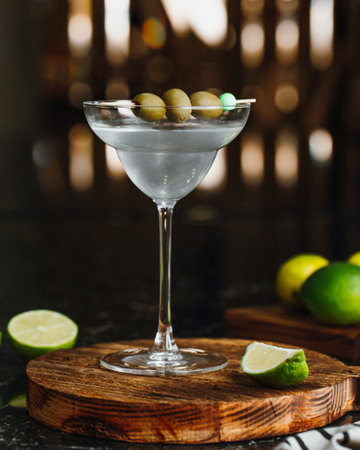 A vertical shot of martini cocktail on dark backgroundの写真素材