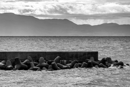A grayscale shot of tetrapods on a dock by the sea under a cloudy skyの写真素材