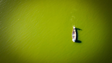 An aerial overhead shot of a small boat in the green lの写真素材