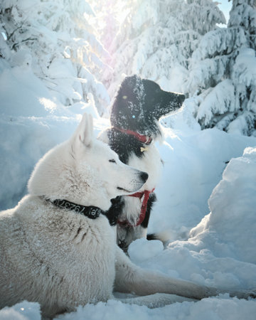 A beautiful shot of a white Husky and black shepherd dogs in a winter forest with snow-covered trees in the backgroundの写真素材