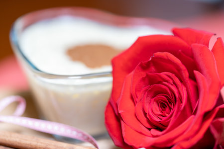 A selective focus shot of roses, tiramisu, and cinnamon on wood stumpの写真素材