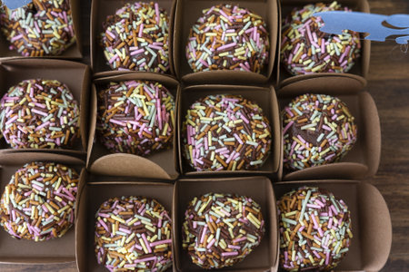 A top view of truffles covered with colorful candiesの写真素材