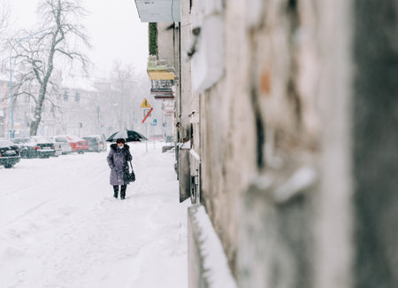 A closeup shot of a woman holding an umbrella and walking in a snowy streetの写真素材