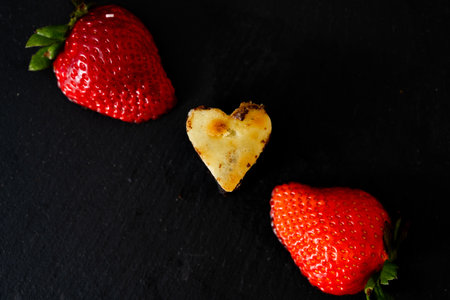 A closeup shot of a heart-shaped baked dessert with strawberries on the sidesの写真素材
