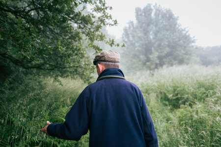 An aged man walking in the forest and admiring the beauty of fresh vegetationの写真素材