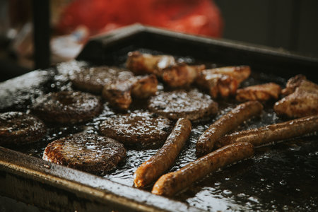 A selective focus shot of frying oily sausages and fresh cutlets in the brazier in the kitchen